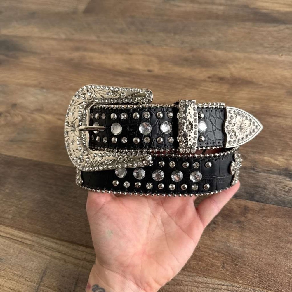 Y2K Rhinestone Studded Cross Gothic Western Belt Womens‎ Small Black